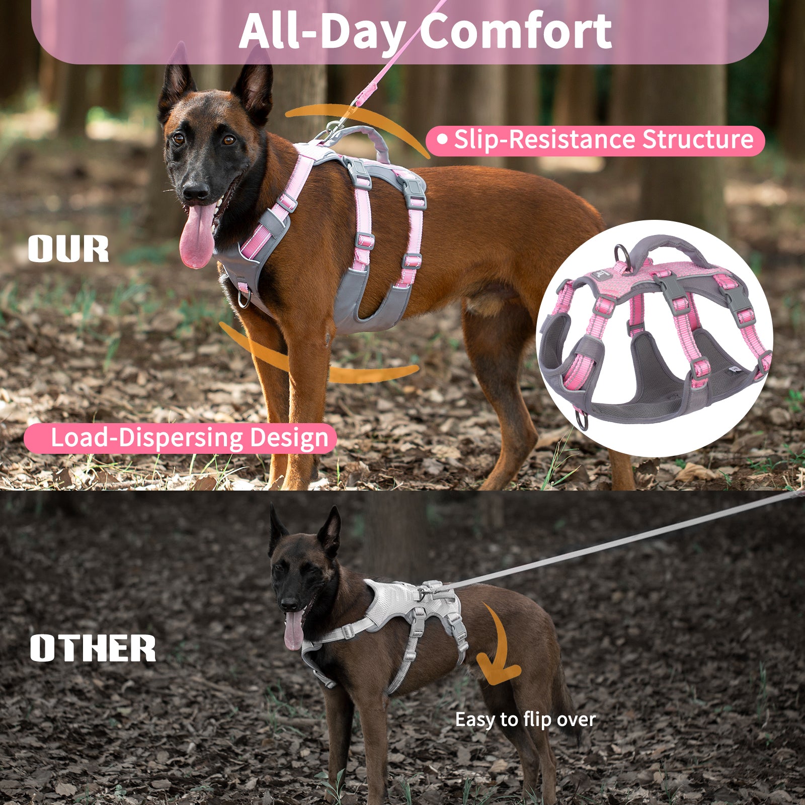 Huntboo Reflective Dog Harness with Handle- Light Pink