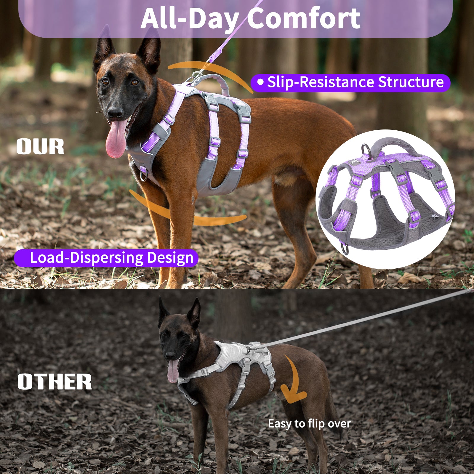 Huntboo Reflective Dog Harness with Handle- Lavender Purple