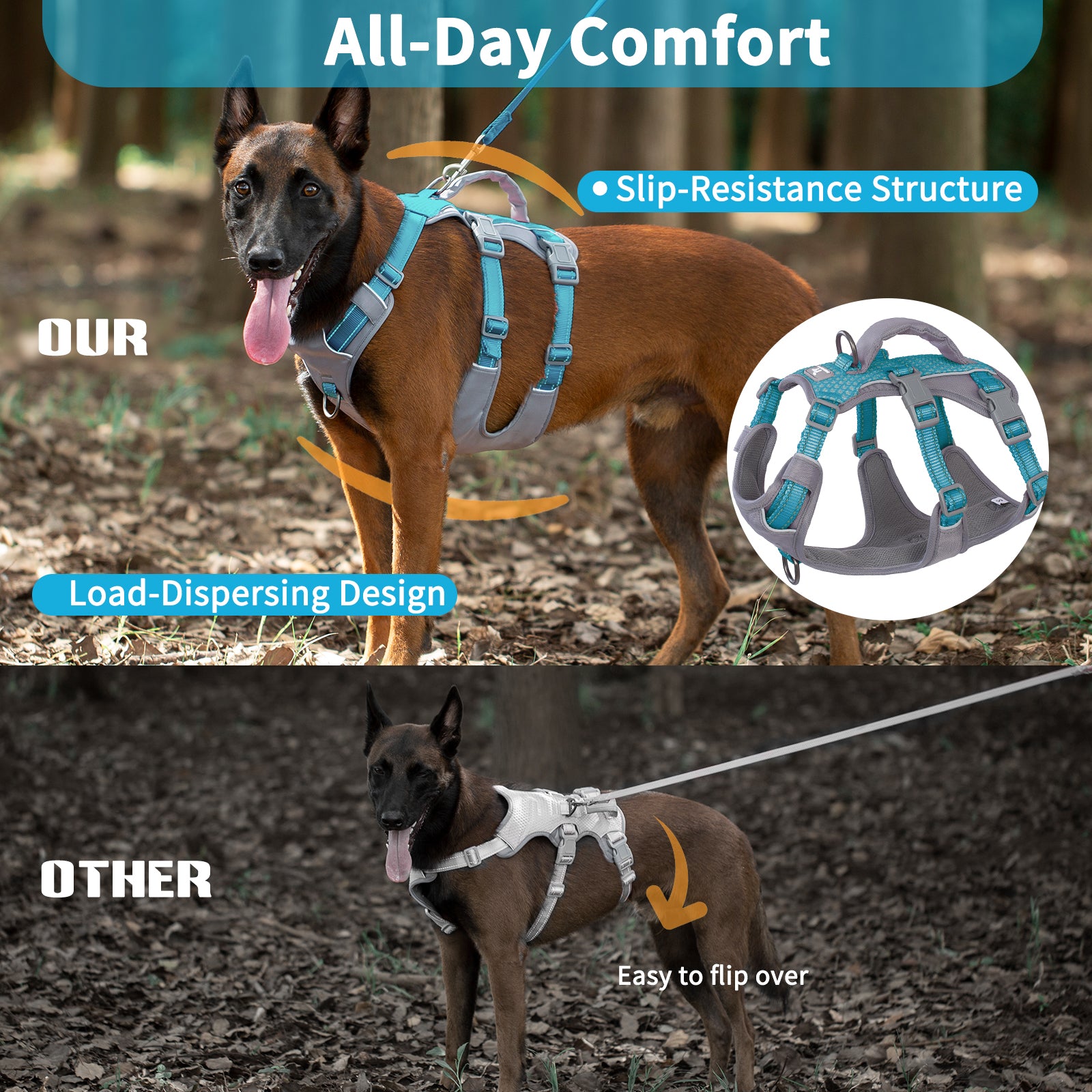 Huntboo Reflective Dog Harness with Handle- Teal Blue