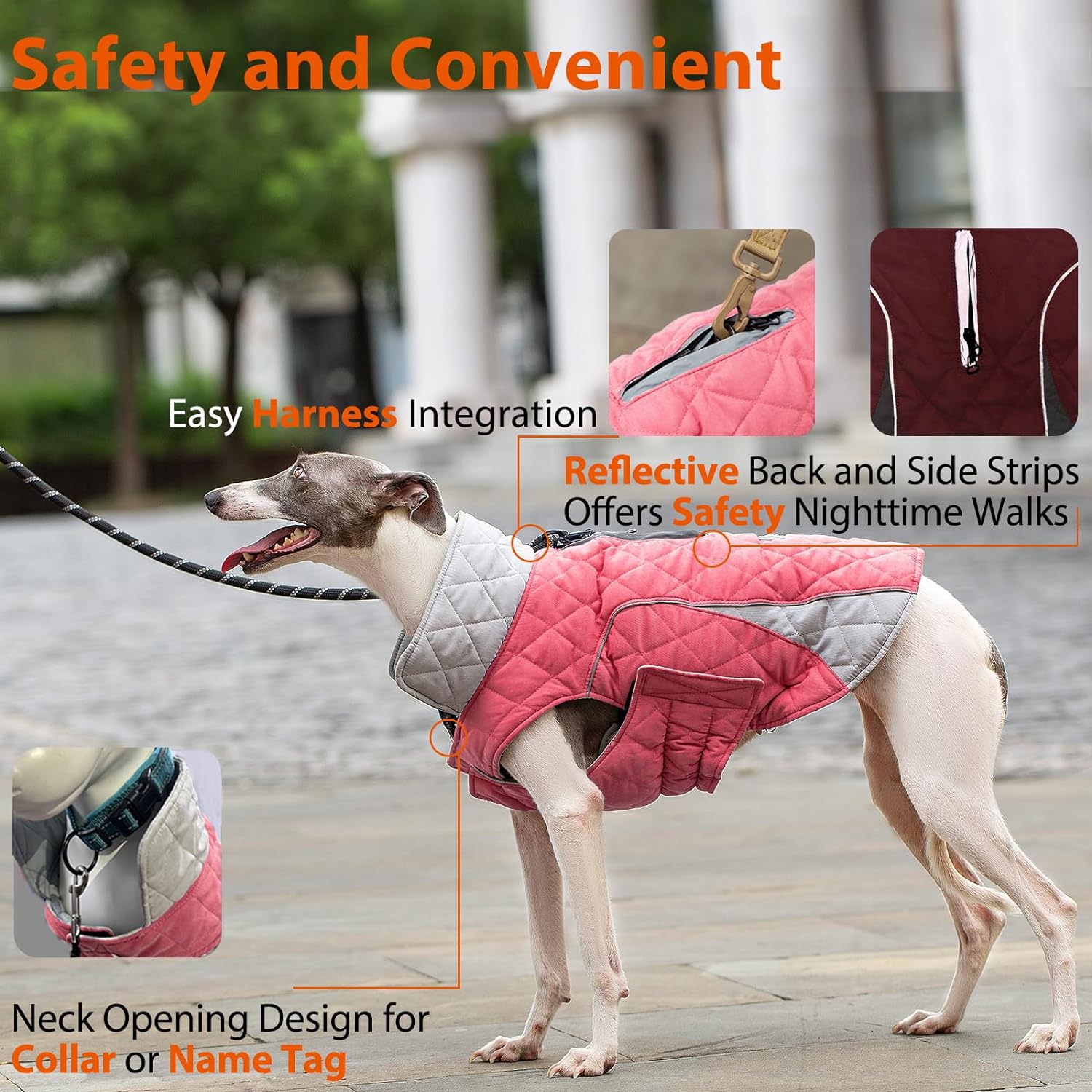 Huntboo-dog-pink-coat-waterproof-reflective-safety-neck-opening-design-name-tag