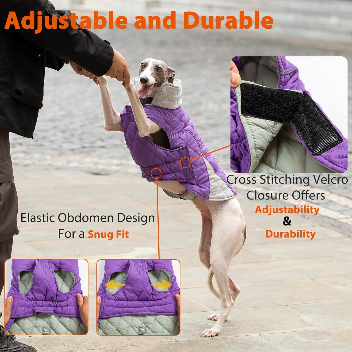 Huntboo-dog-purple-coat-waterproof-cross-stitching-velcro-elastic-obdomen-design-adjustable-durable
